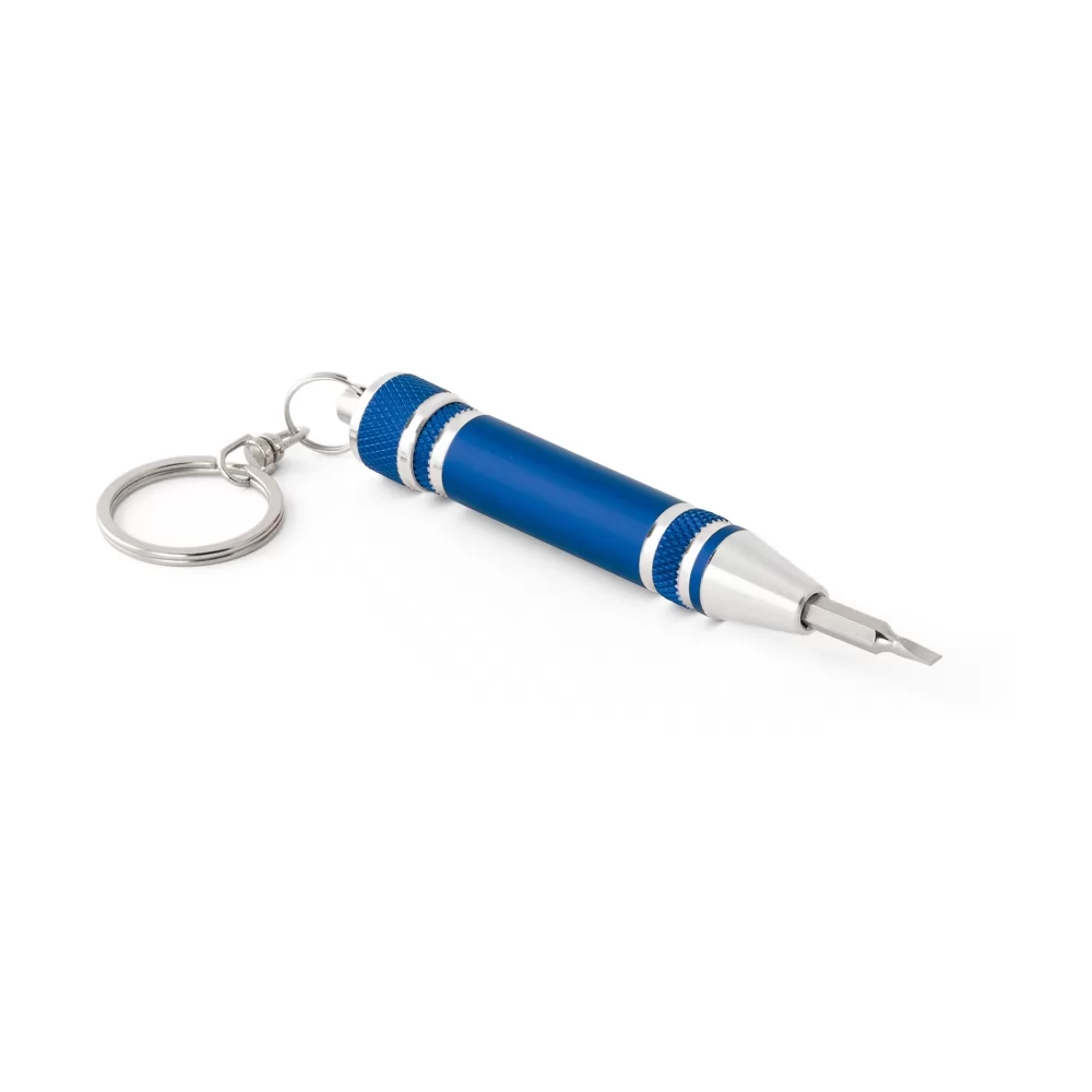 Kit de mini ferramentas Basalt tipo chaveiro em metal azul e prata sobre fundo branco
