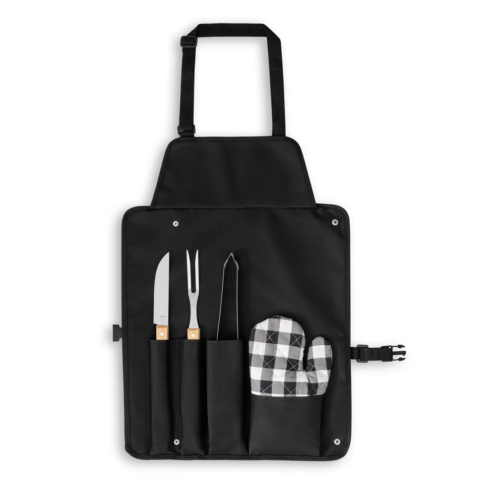 Kit Churrasco Champ com Estojo Avental preto aberto contendo faca, garfo, pegador e luva xadrez