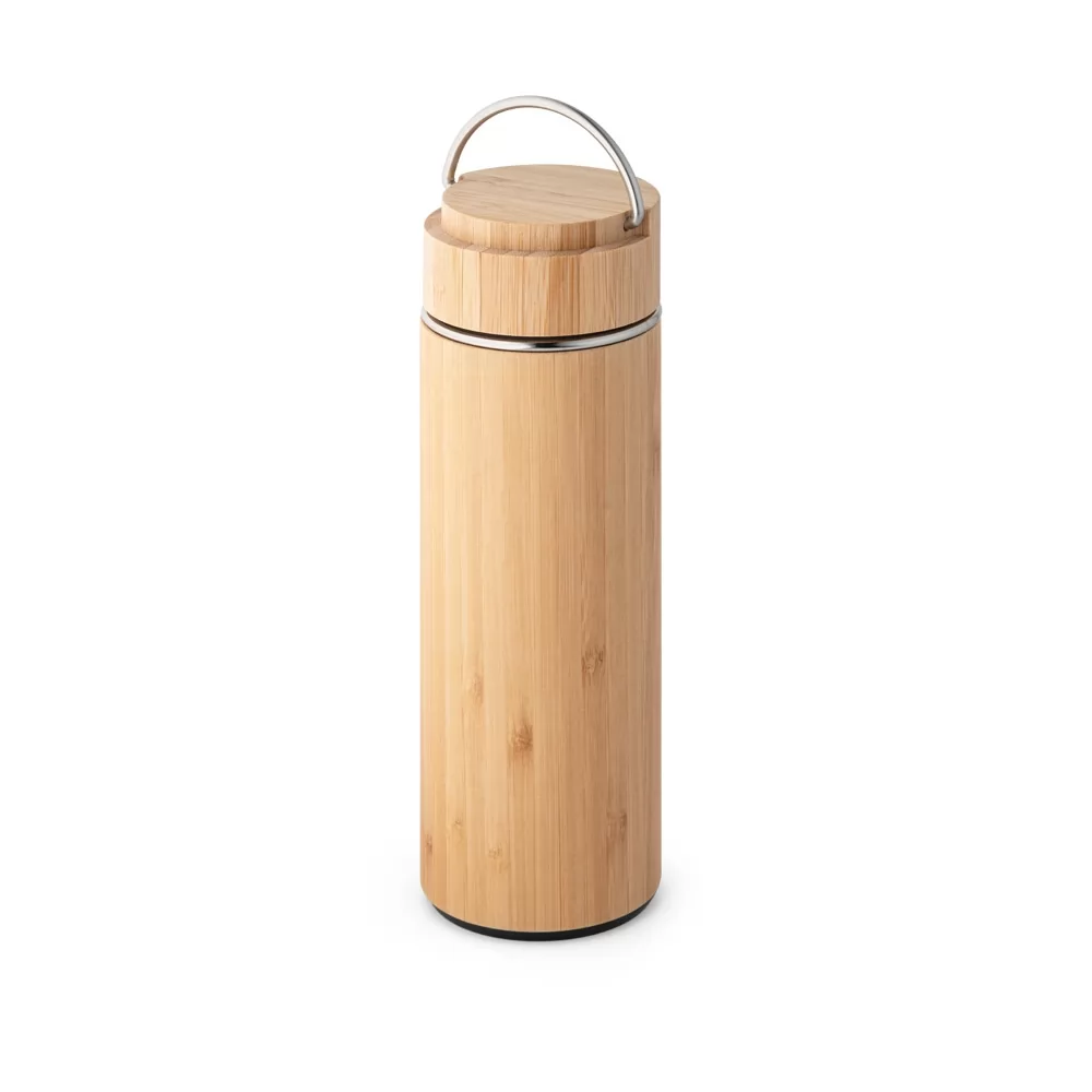 SOW squeeze com corpo duplo em bambu natural com tampa de alça metálica sobre fundo branco