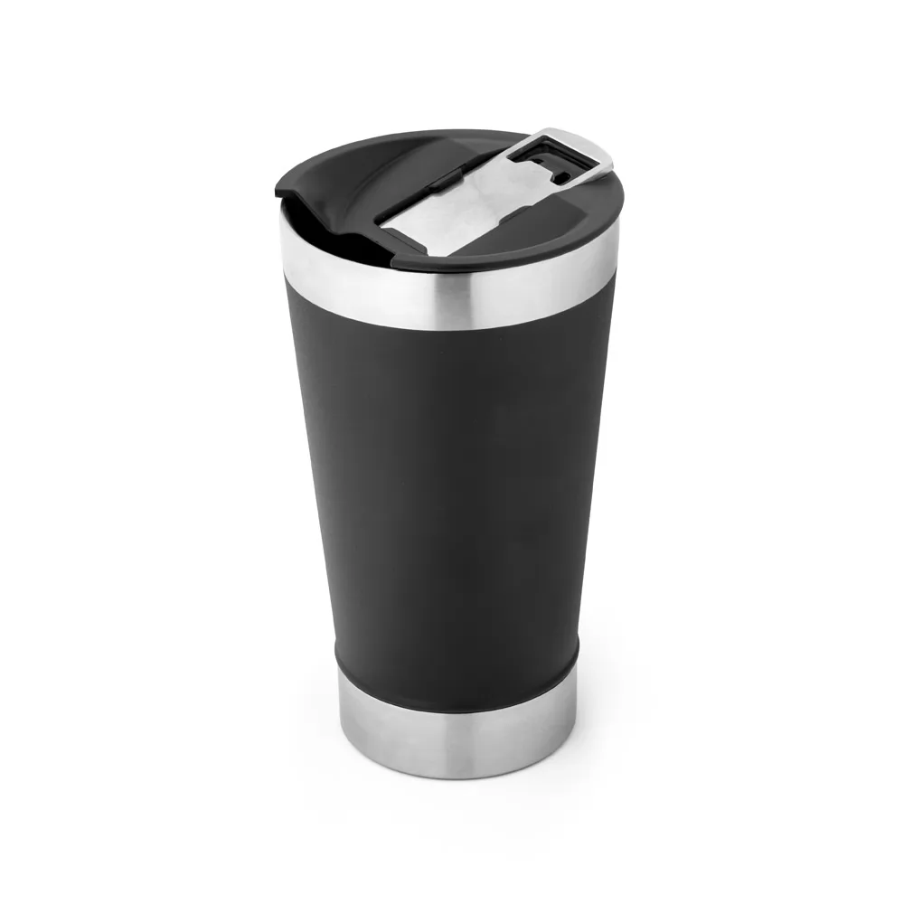 Copo de viagem térmico Halpert Lid preto com detalhes em inox e tampa com abridor integrado em fundo branco
