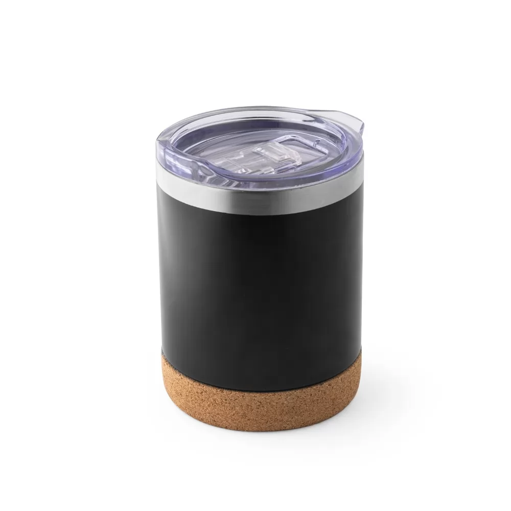 Copo térmico Solberg Tumbler preto com base de cortiça e tampa transparente em fundo branco
