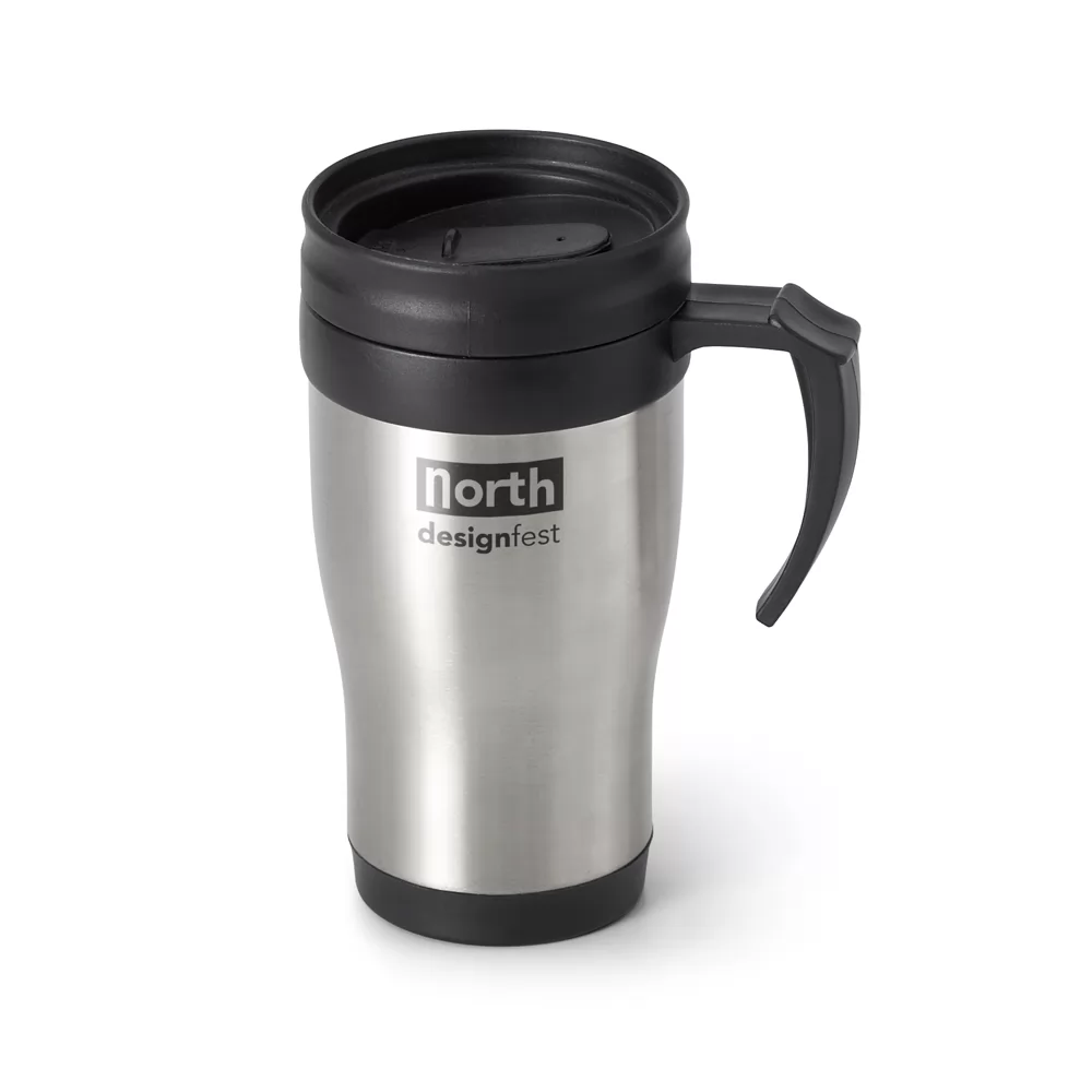 Caneca para viagem Noah em inox prateado com tampa e alça pretas, personalizada com logo
