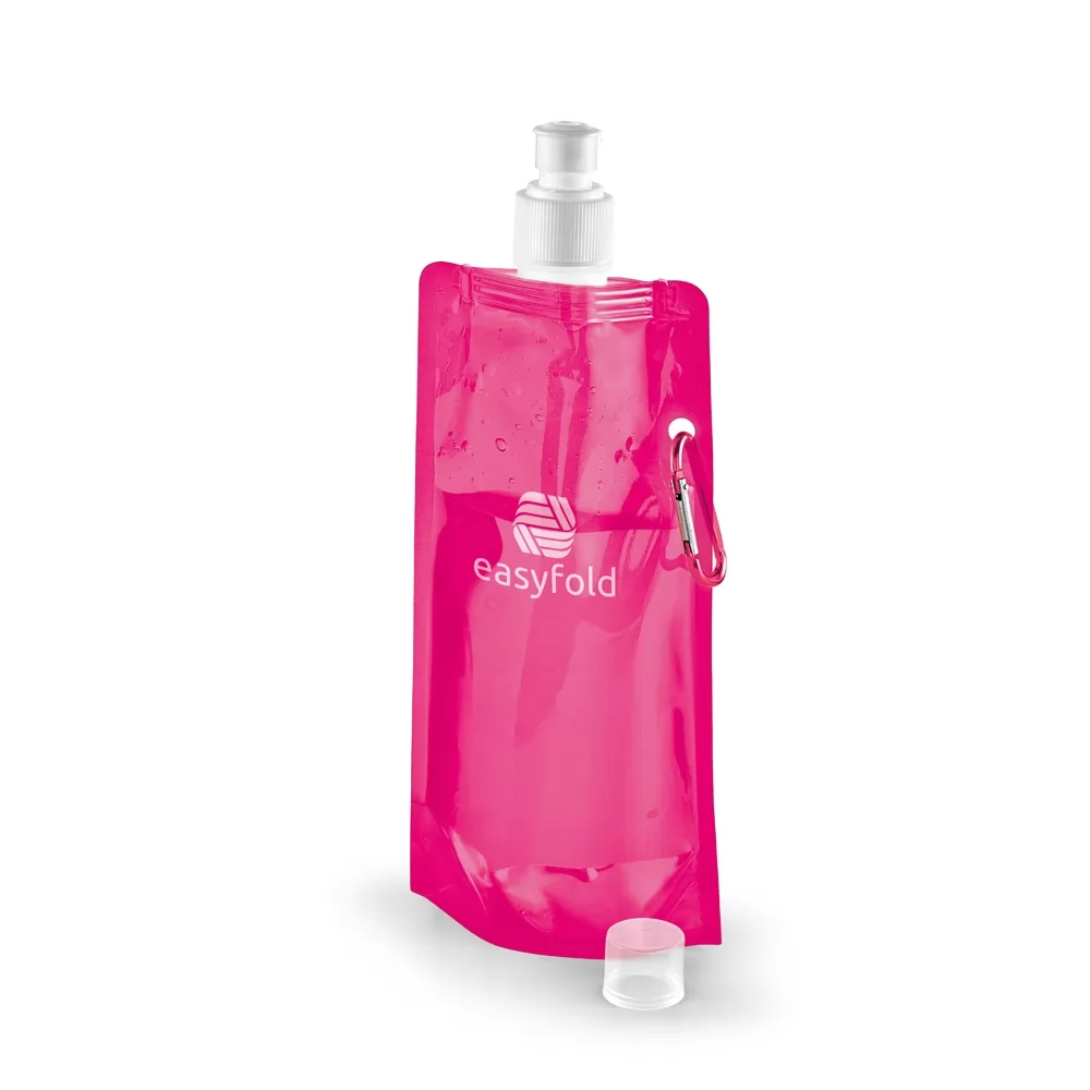Squeeze dobrável Kwill 460 ml rosa personalizado com mosquetão metálico e tampa plástica translúcida