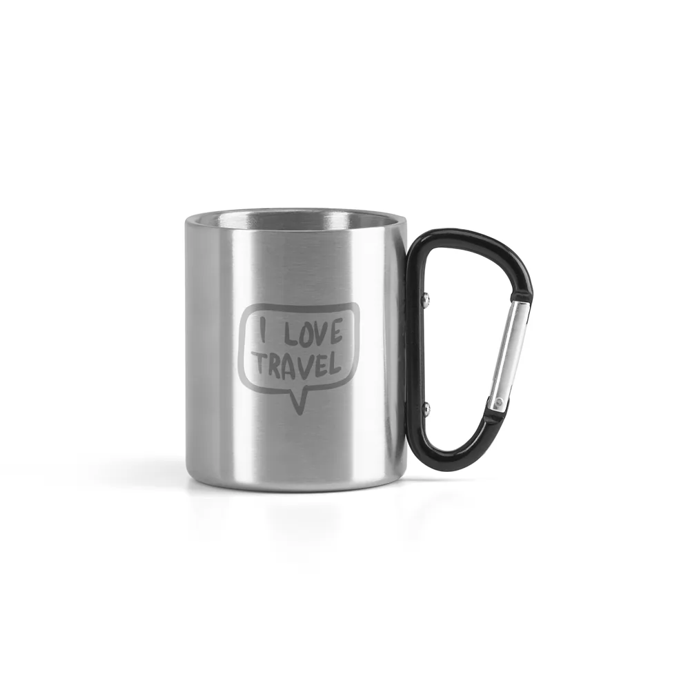 Caneca Wings em aço inoxidável prateado com alça de mosquetão preto e gravação personalizada