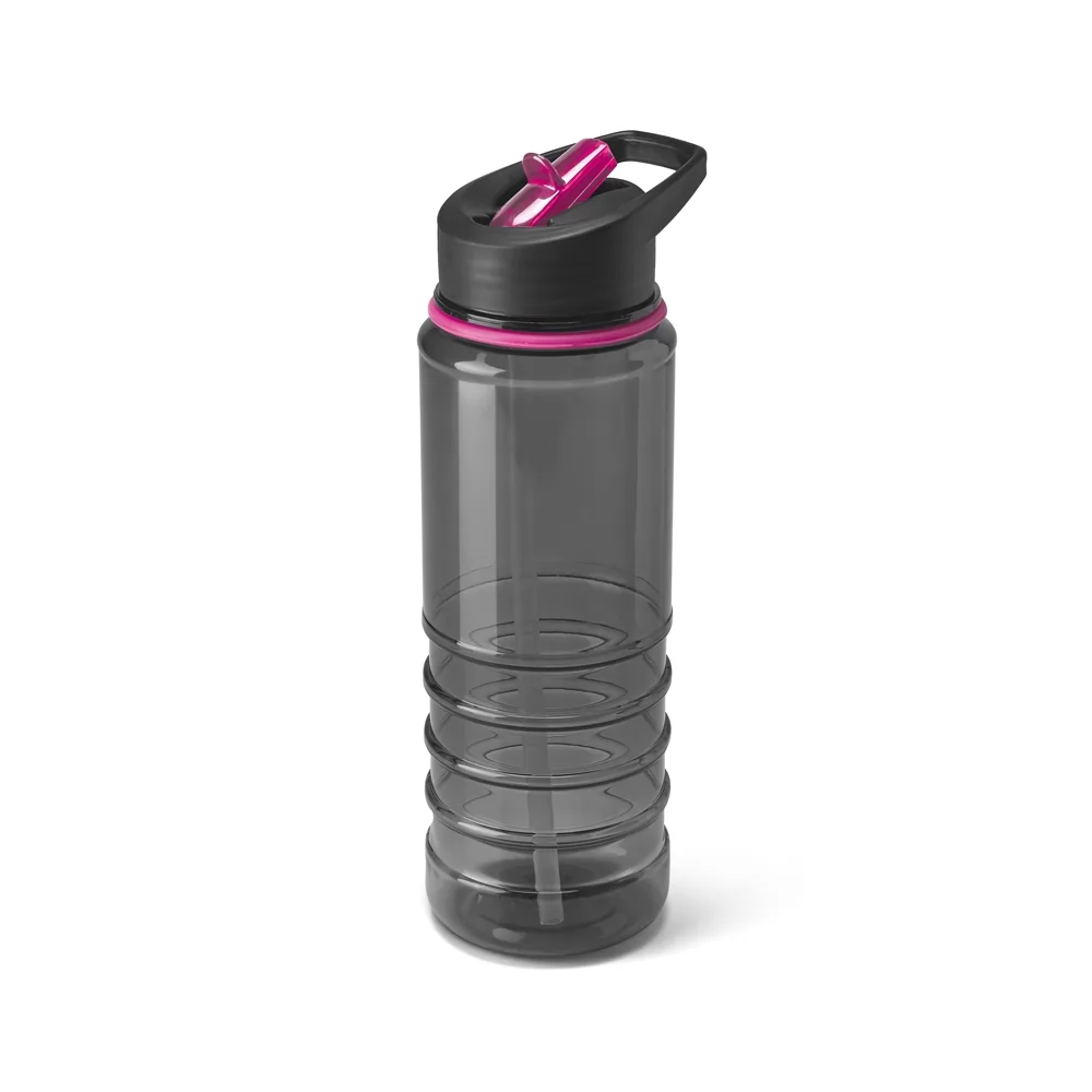 Squeeze Odret 650 ml em plástico fumê transparente com tampa preta e detalhes em rosa