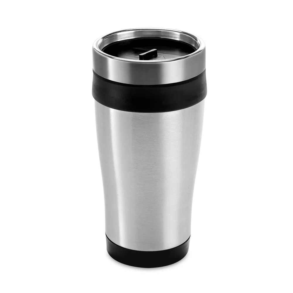 Copo para viagem Batum em aço inox escovado com tampa e detalhes pretos sobre fundo branco