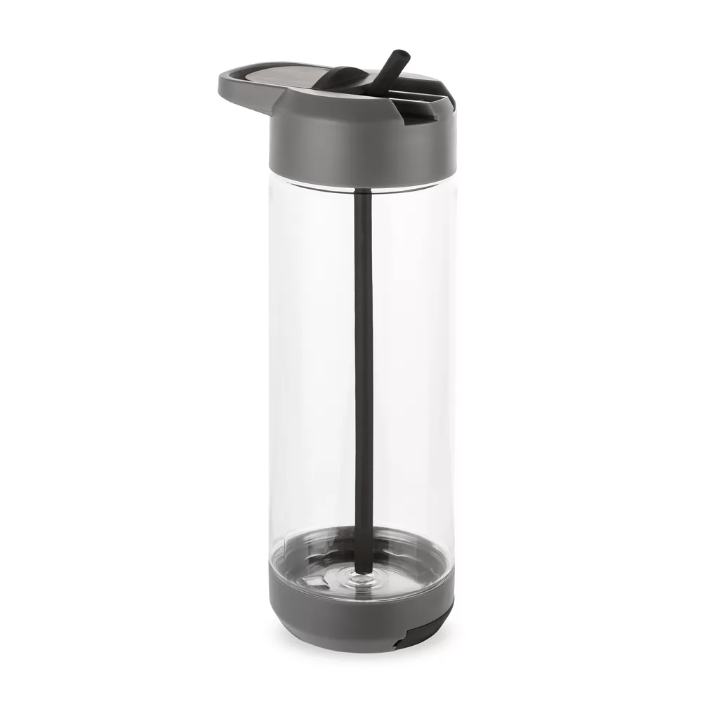 Squeeze Dudley 750 ml transparente com tampa articulada, base e canudo em cinza escuro