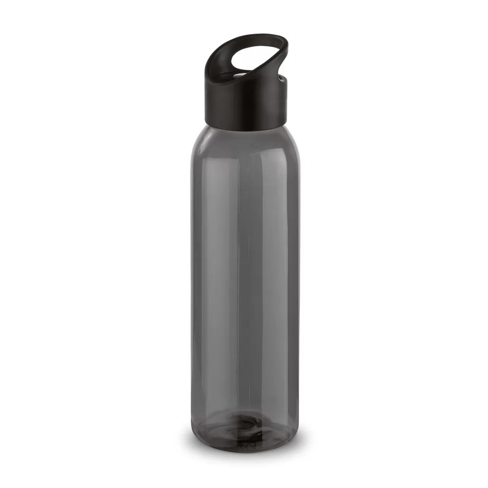 Squeeze 600 ml Portis em plástico cinza translúcido com tampa preta e alça integrada sobre fundo branco