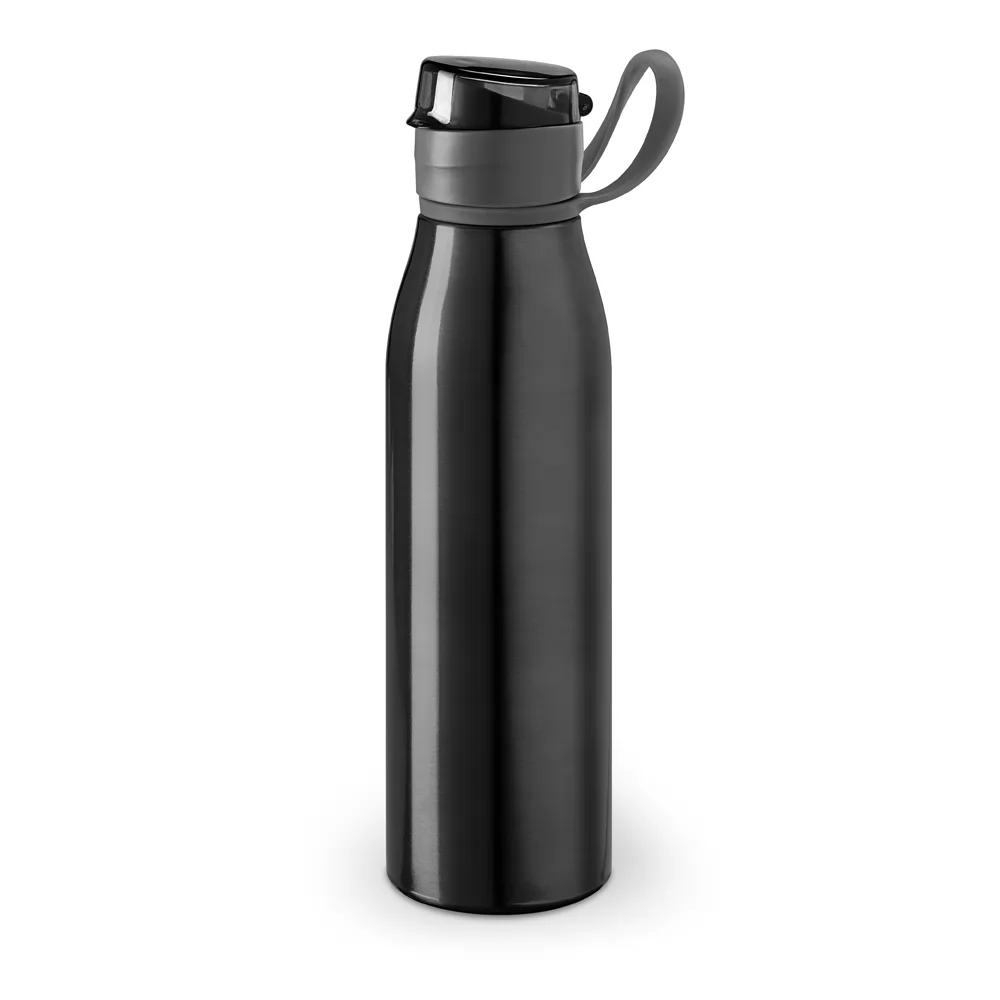 Squeeze Korver 650 ml em alumínio preto com tampa dosadora e alça de silicone em fundo branco