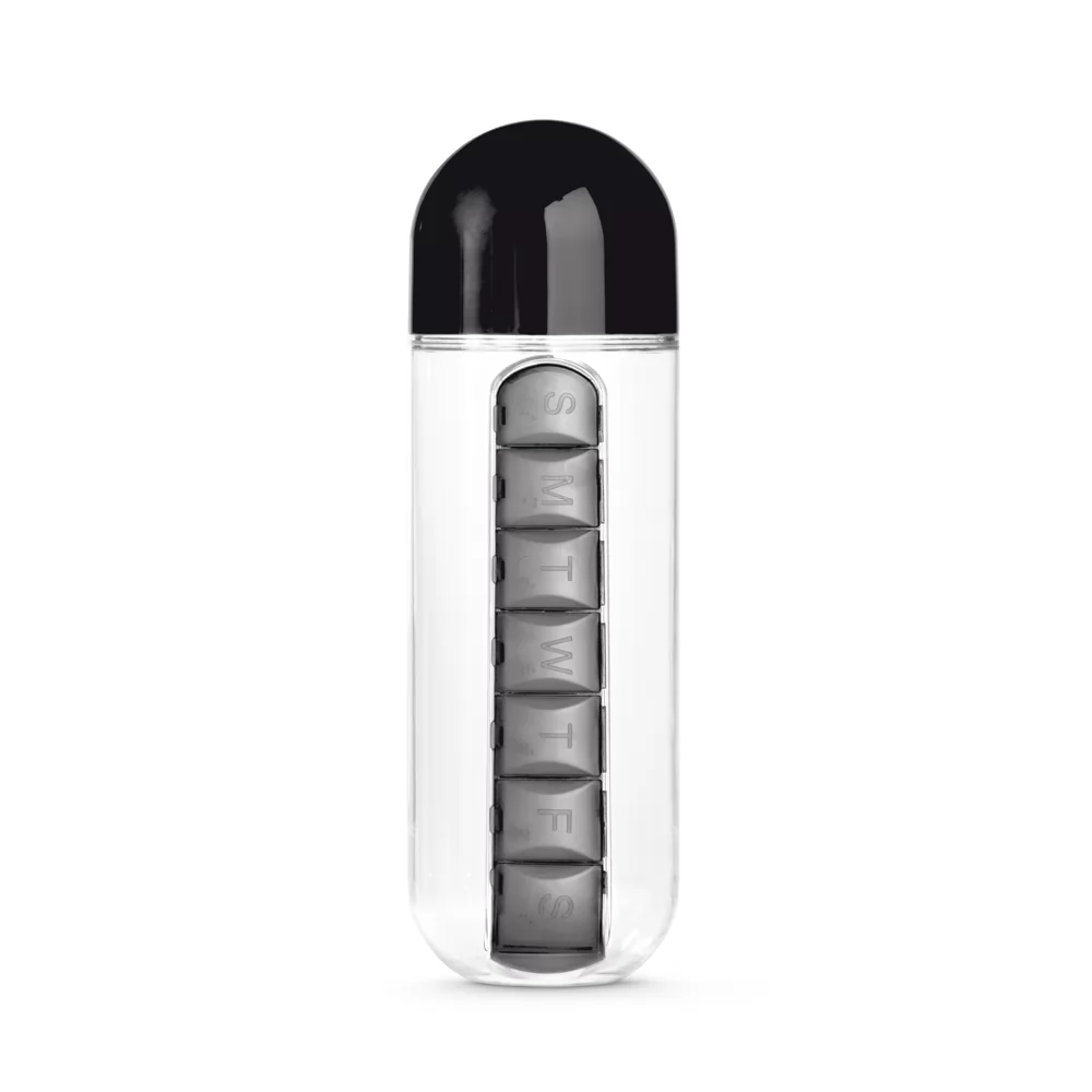 Squeeze Othmer 740ml com porta-comprimidos em plástico transparente e tampa preta visto de frente