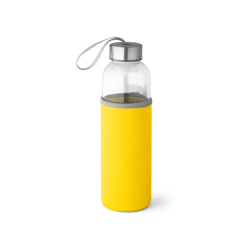Squeeze de vidro e inox Raise 520 ml com luva preta personalizada e tampa com alça