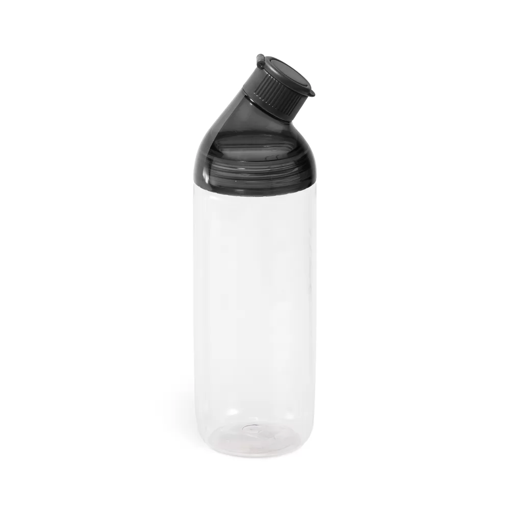 Squeeze Zanny em Tritan 900 ml transparente com tampa preta inclinada em fundo branco