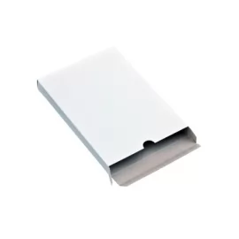 Caixa para agenda diária em papel cartão branco com abertura frontal em vista inclinada