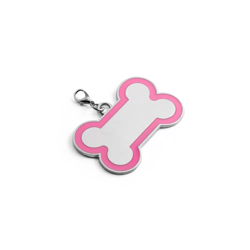 Chaveiro em formato de osso metálico com detalhe rosa e fecho mosquetão sobre fundo branco