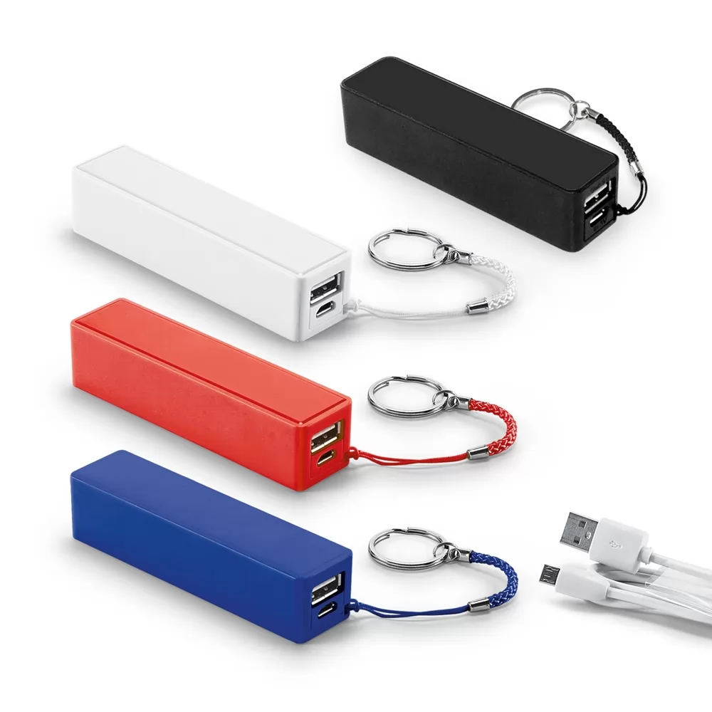 Bateria portátil Bit 1 1000 mAh em plástico nas cores azul, vermelho, branco e preto com chaveiro e cabo