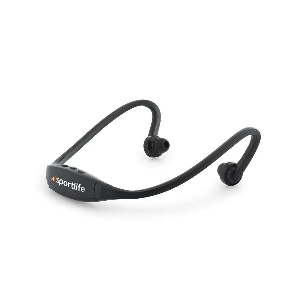 Fone de ouvido Bluetooth Wilkins preto com design esportivo e logo personalizado
