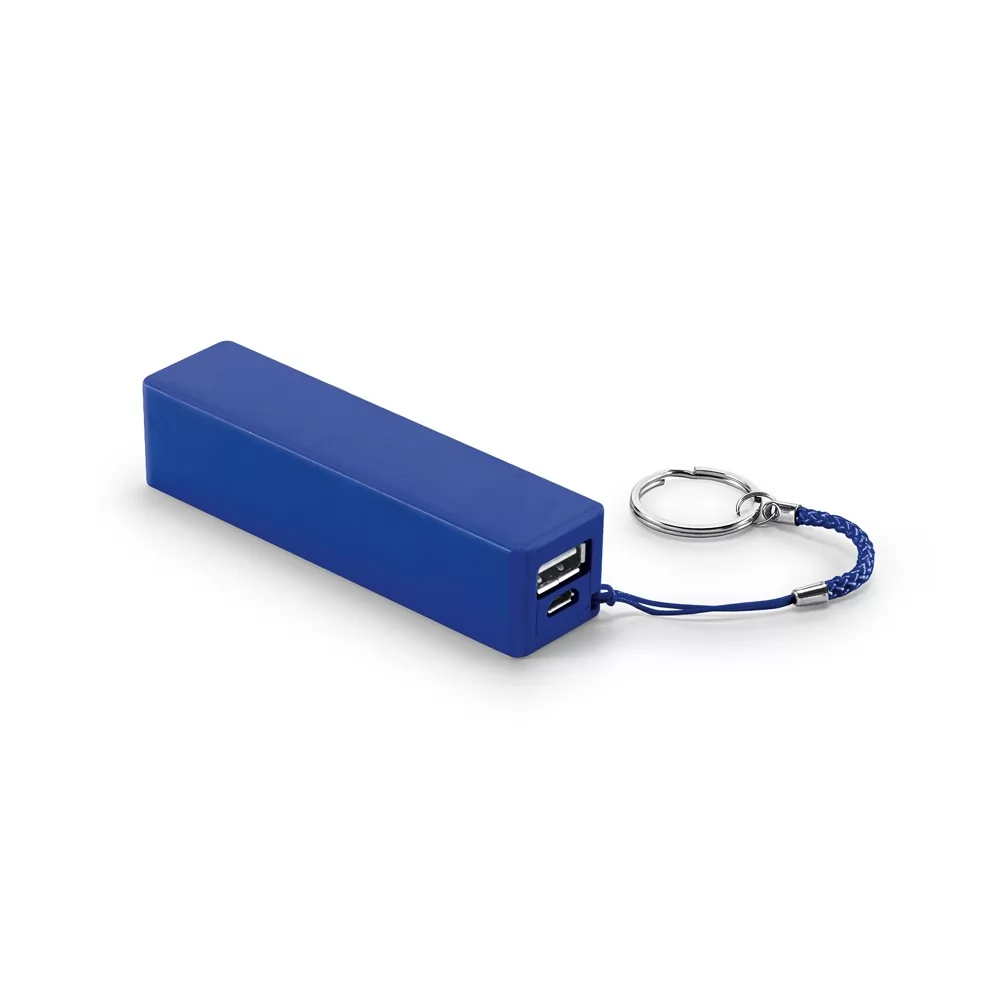 Bateria portátil BIT 2.0 2.000 mAh nas cores azul, vermelho, branco e preto com chaveiro e cabo