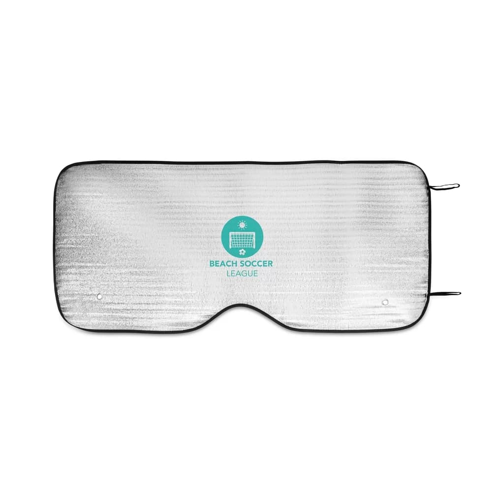 Protetor solar automotivo Sunshade prateado com acabamento preto, aberto e personalizado com logo central