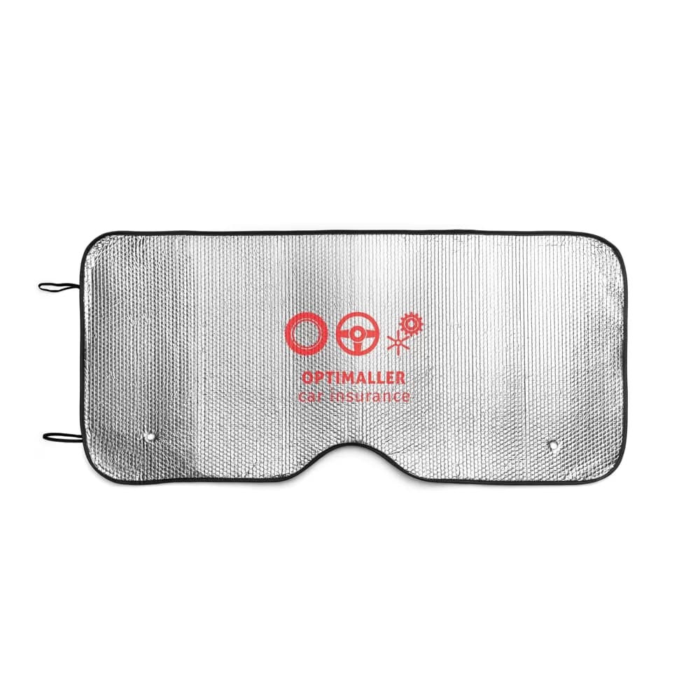 Protetor solar automotivo Guardsun prateado aberto com borda preta e logo personalizado vermelho
