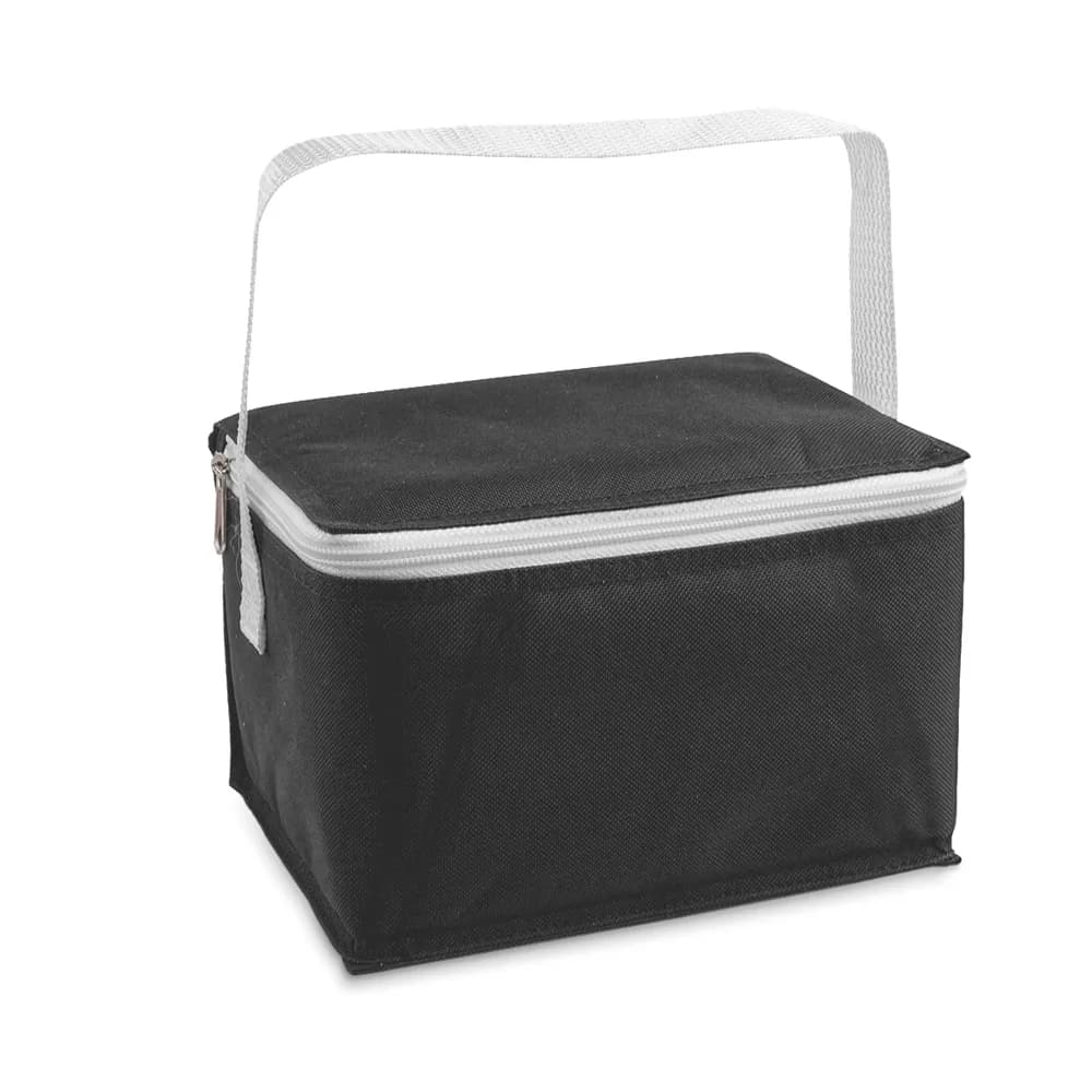 Bolsa térmica Jeddah preta com zíper e alça de mão brancos em fundo branco