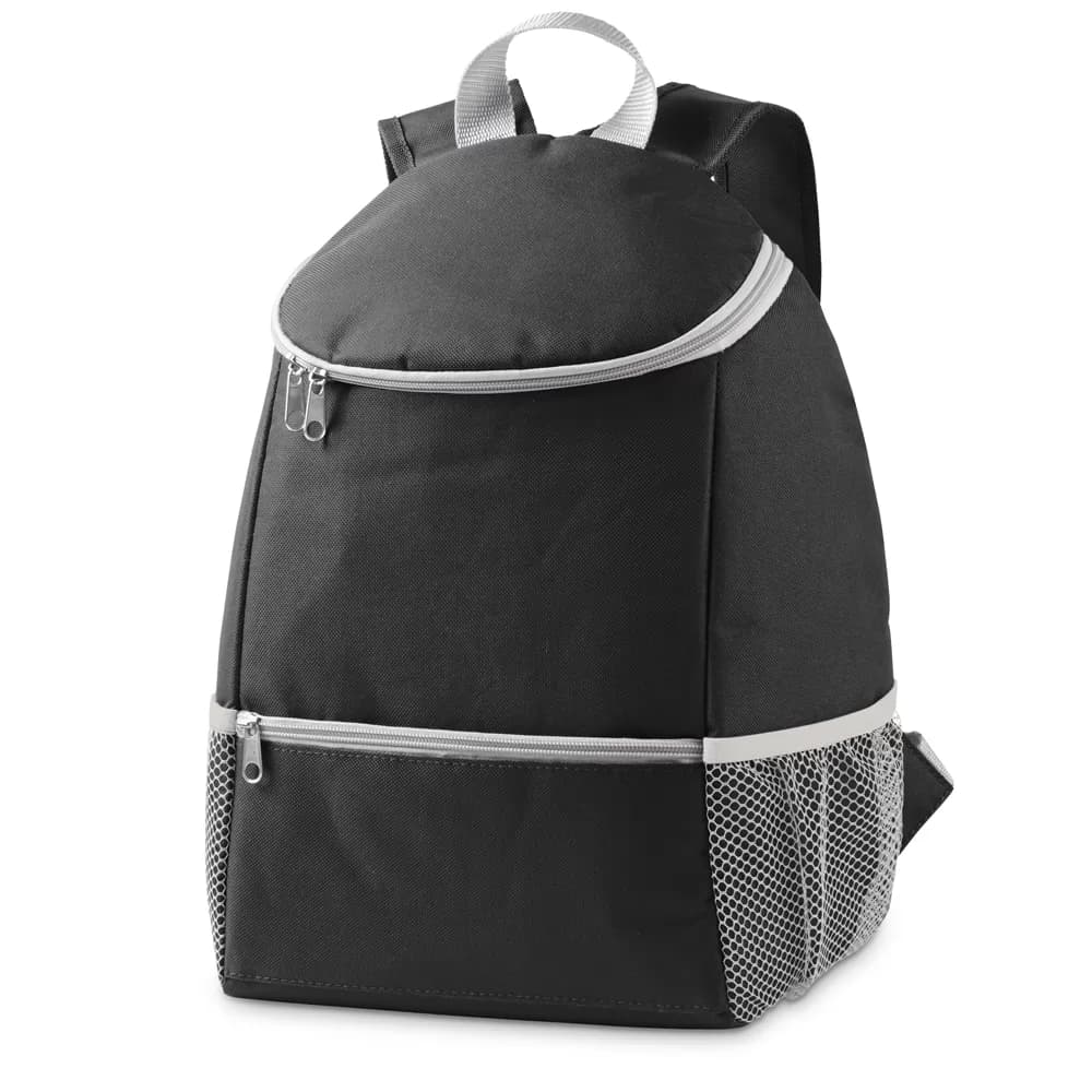 Mochila térmica Jaipur preta com zíperes cinzas e bolsos telados laterais em fundo branco