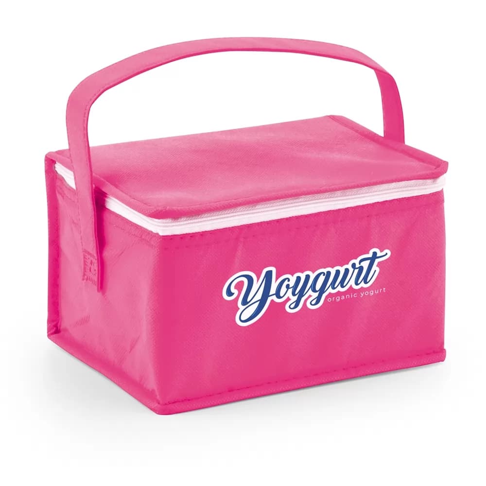 Bolsa térmica Izmir rosa personalizada com logo frontal, alça de mão e zíper