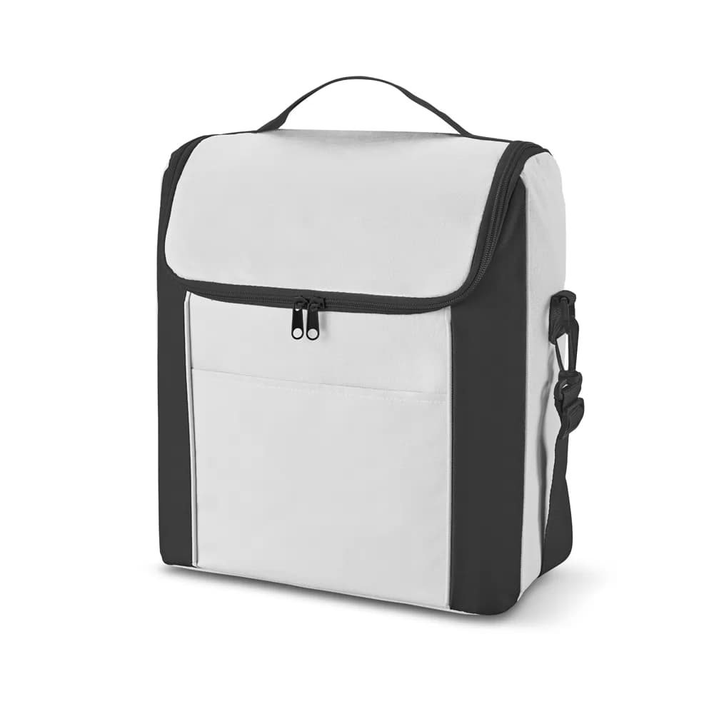 Bolsa térmica Melville branca com detalhes pretos, zíper duplo e alça de mão em vista frontal
