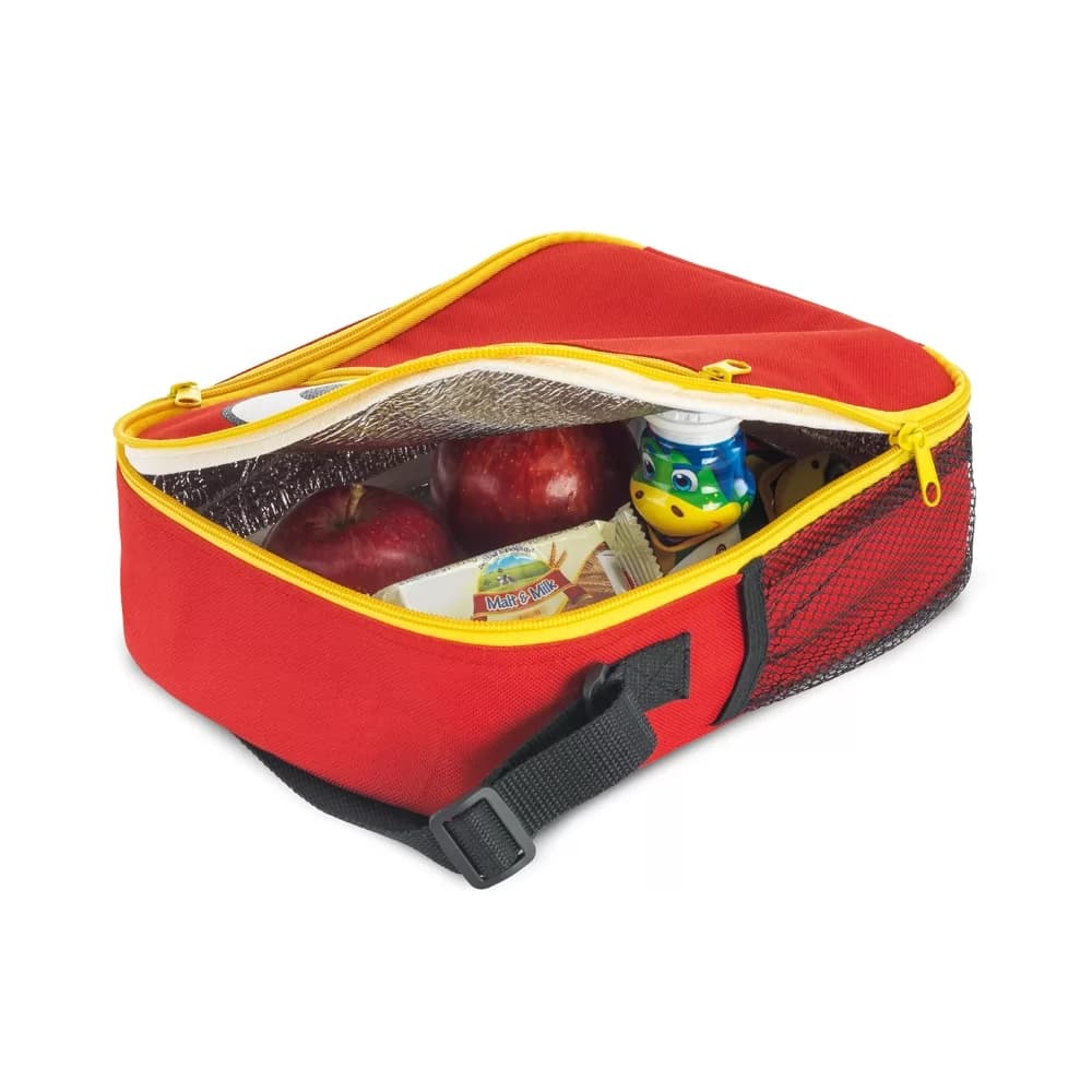 Bolsa térmica Sebastian 3 Litros vermelha aberta exibindo interior laminado térmico e alimentos