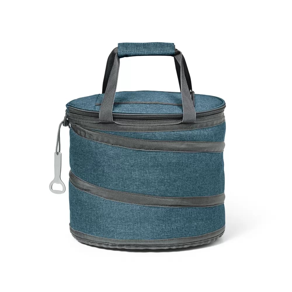 Sacola térmica flexível Coast azul mescla com alça de mão e abridor de garrafas pendurado no zíper