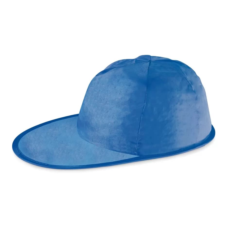 Conjunto de bonés dobráveis em azul, laranja, vermelho e cinza claro, com um boné azul aberto e outro dobrado ao lado