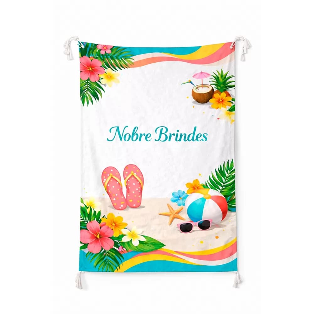 Canga de praia personalizada com estampa tropical de verão e logo Nobre Brindes ao centro