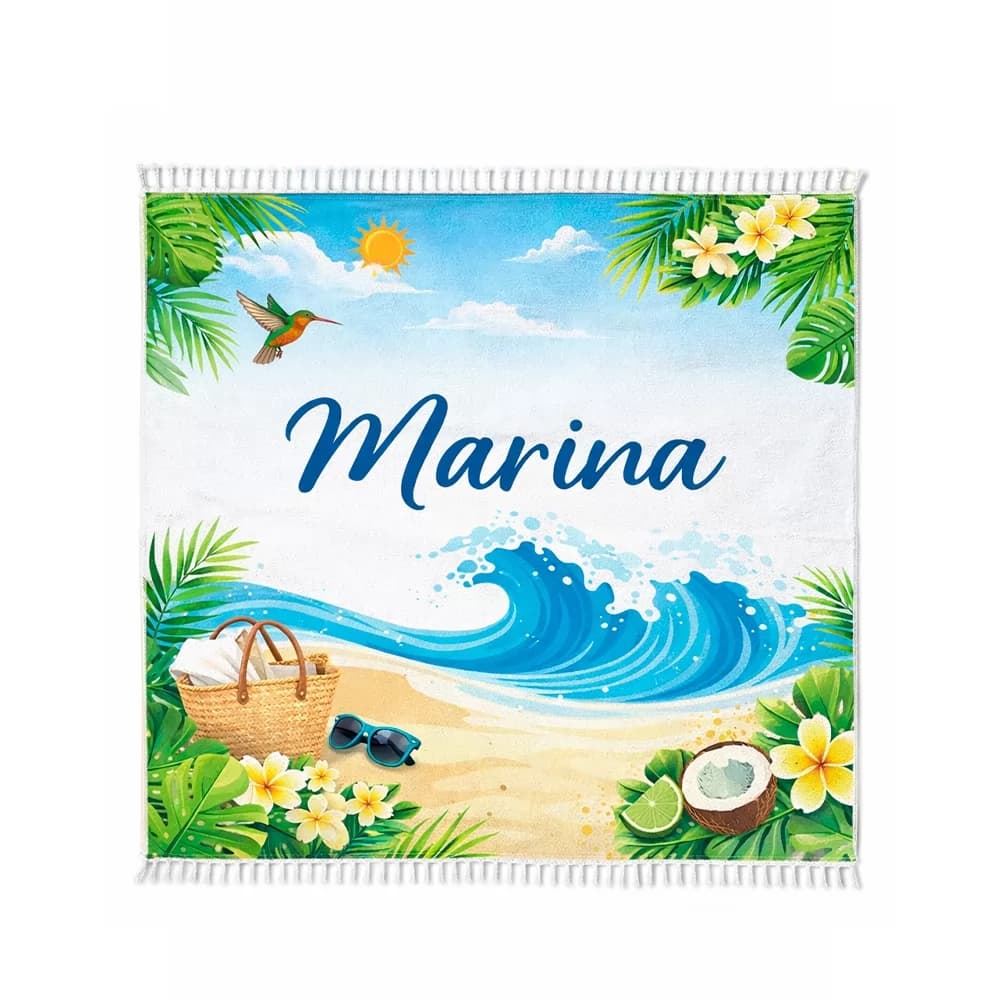 Canga personalizada com nome Marina, estampa tropical de praia e ondas, com acabamento de franjas brancas
