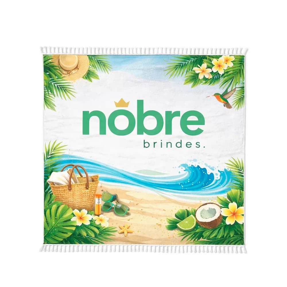 Canga atoalhada personalizada com estampa de praia tropical, franjas brancas e logotipo centralizado