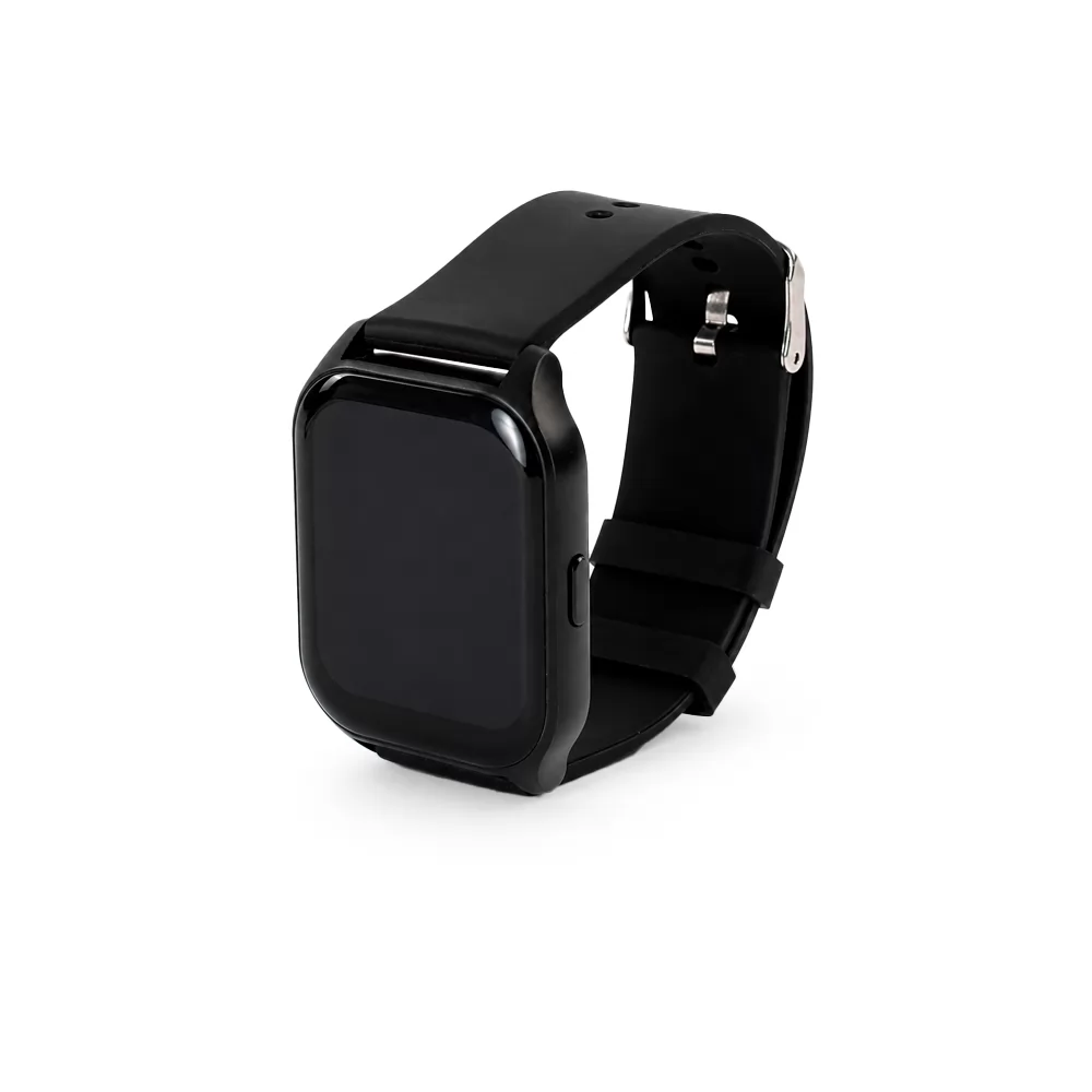 Smartwatch T62 preto visto pela parte traseira com sensores e pulseira de silicone estendida