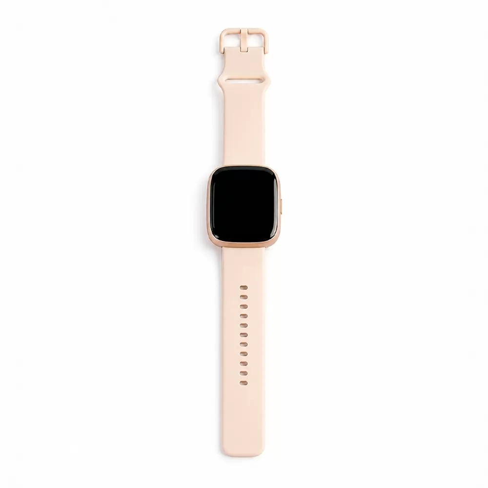 Smartwatch IDW26 dourado com pulseira de silicone clara estendida na vertical sobre fundo branco