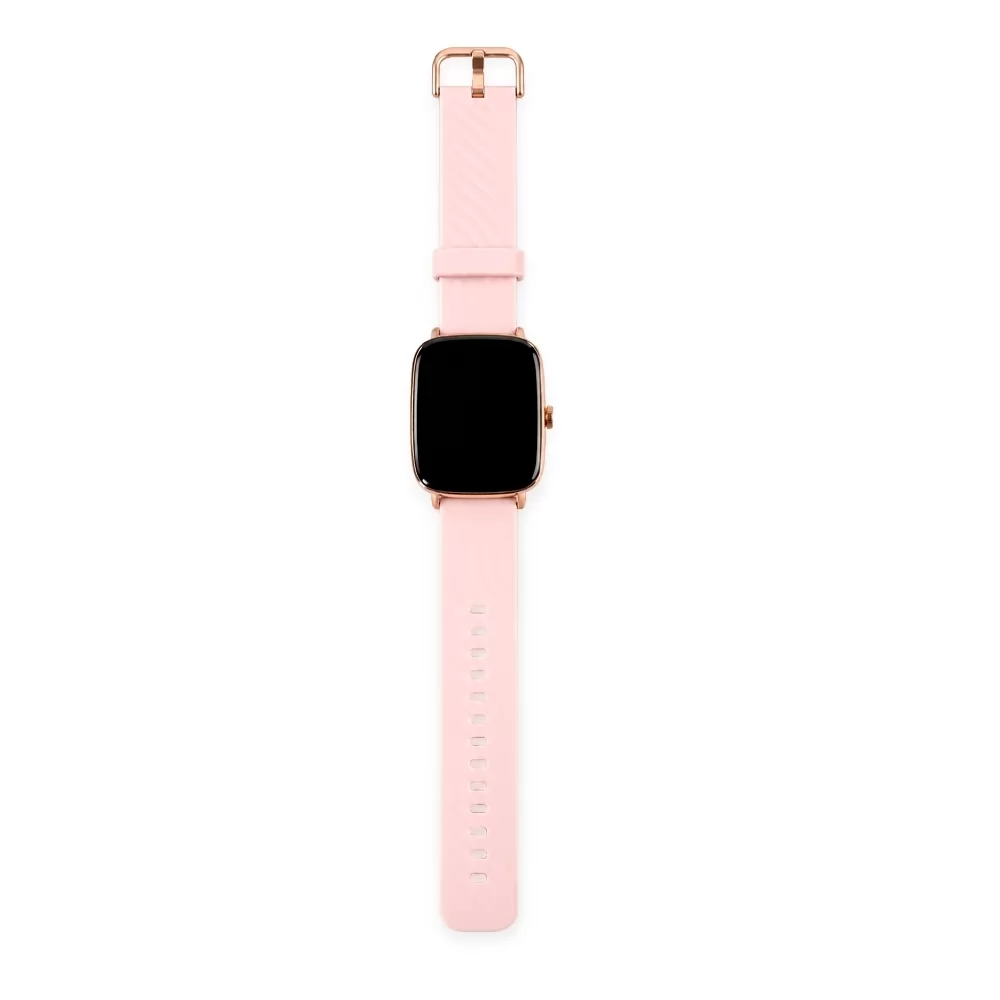Smartwatch IDW28 rosa com pulseira de silicone aberta, tela retangular e detalhes em rose gold
