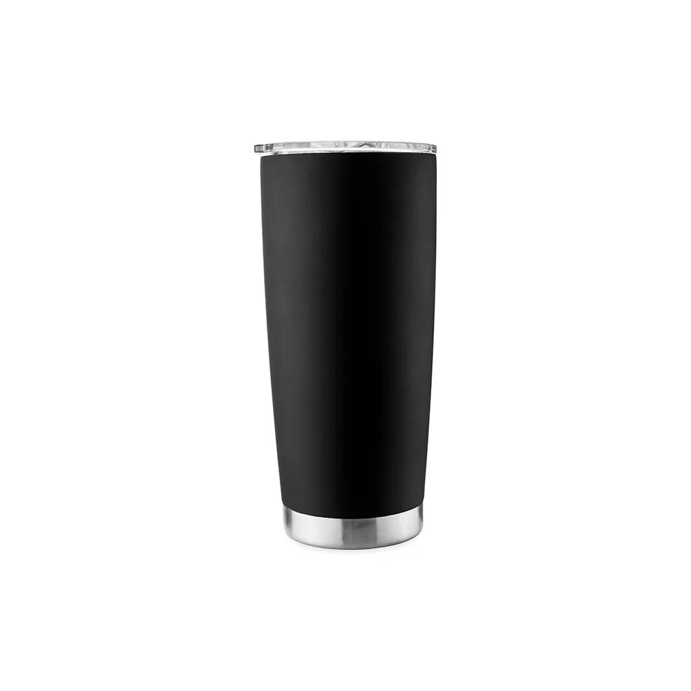 Copo térmico preto com base metálica prateada e tampa transparente sobre fundo branco
