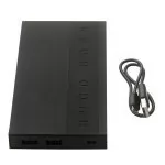 Bateria portátil 10.000 mAh Edge preta com cabo USB ao lado sobre fundo branco