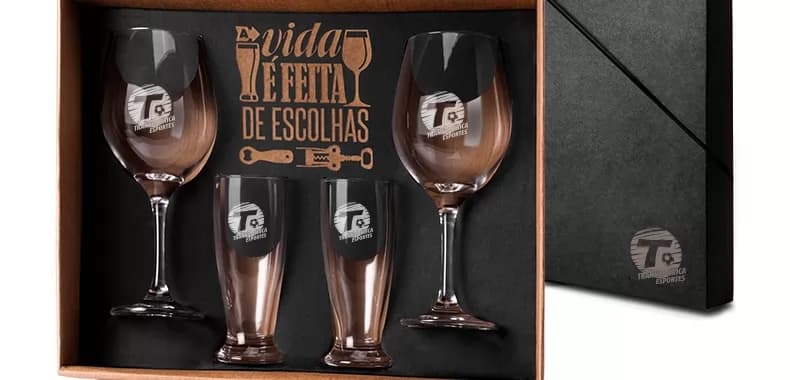 Jogo de copos de vidro para vinho e cerveja personalizado em caixa de presente escura
