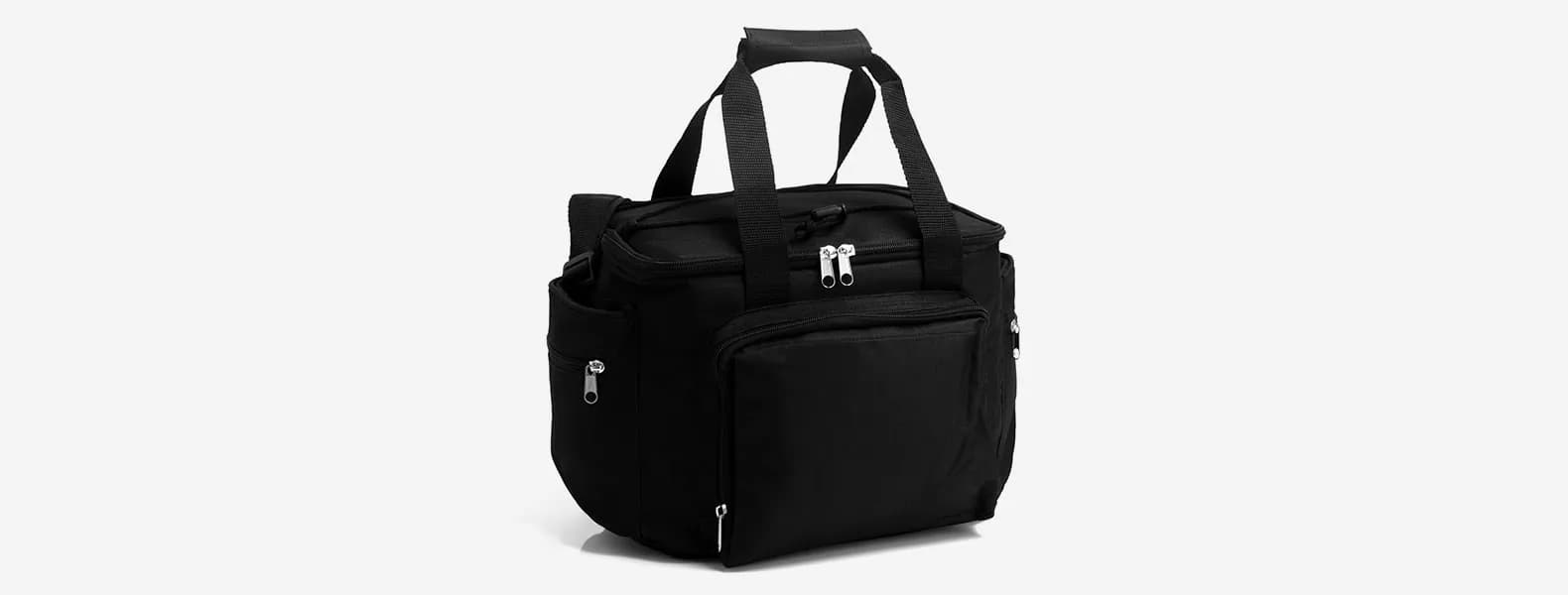 Bolsa térmica preta do kit whisky com alça de mão e bolsos frontais com zíper