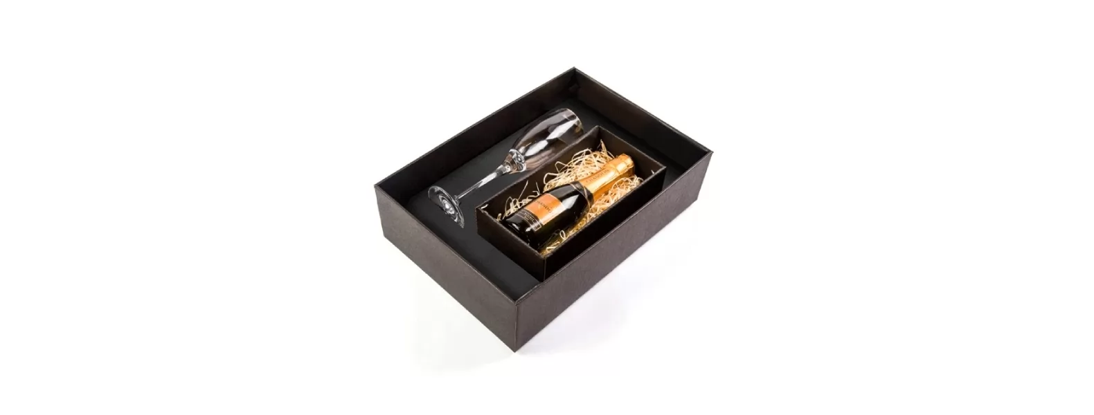 Taça de vidro transparente para champagne em caixa de presente preta com mini garrafa