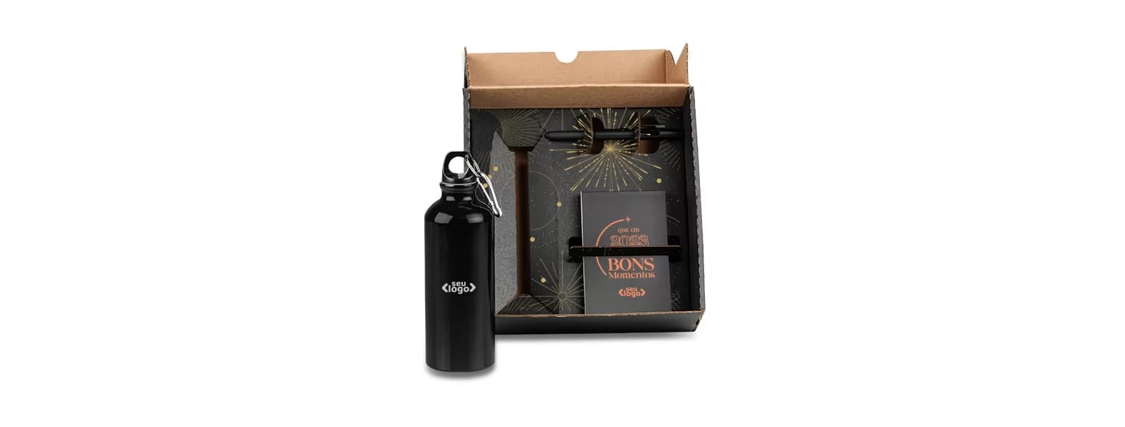 Kit squeeze, caneta e bloco pretos personalizados com logo ao lado da caixa organizadora aberta