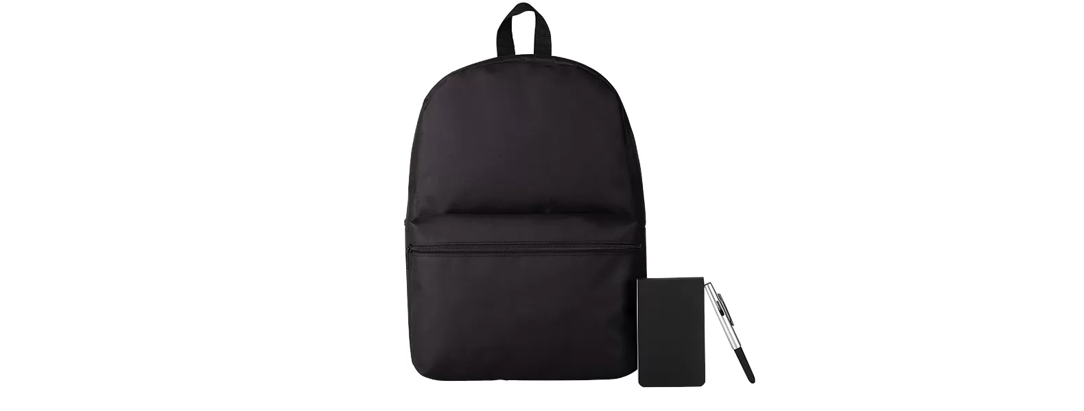 Conjunto com mochila, bloco de anotações e caneta esferográfica pretos sobre fundo branco