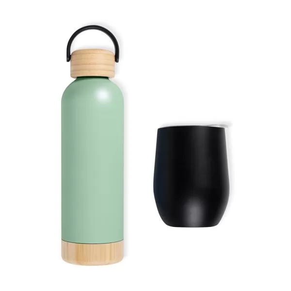 Kit com garrafa térmica verde em inox, copo térmico preto e caixa para presente preta aberta