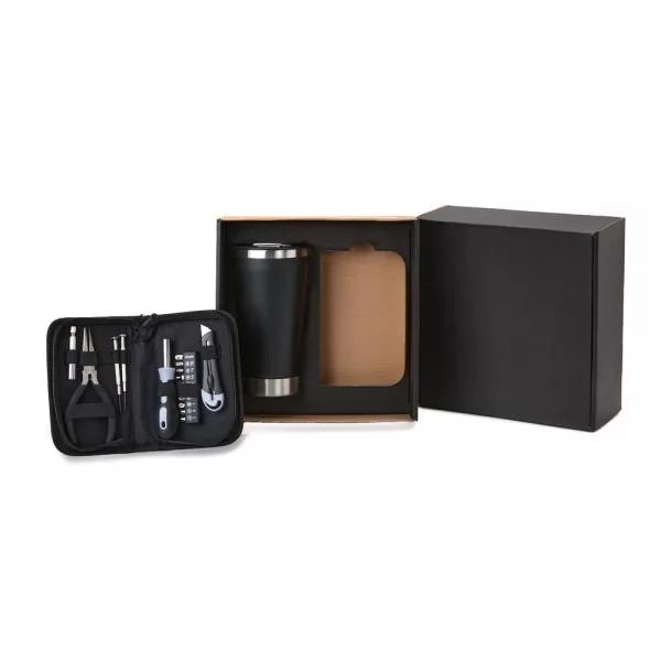 Kit copo térmico e conjunto de ferramentas com copo preto, estojo aberto e caixa de presente