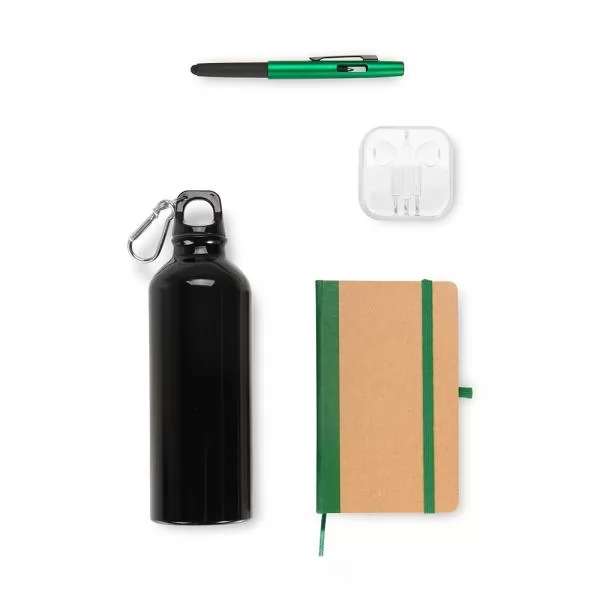Kit de boas-vindas com squeeze preta, caderno aberto, fone de ouvido branco e caneta verde