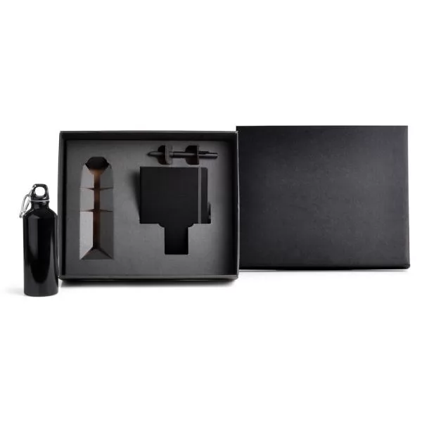 Kit Squeeze, Caderno e Caneta na cor preta em caixa rígida aberta com squeeze ao lado