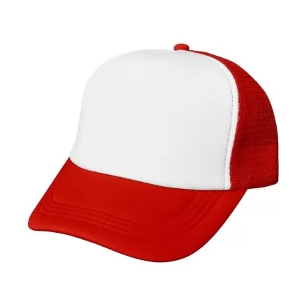 Boné trucker com frente branca lisa para sublimação, tela traseira e aba curva vermelhas com pespontos, em vista de três quartos