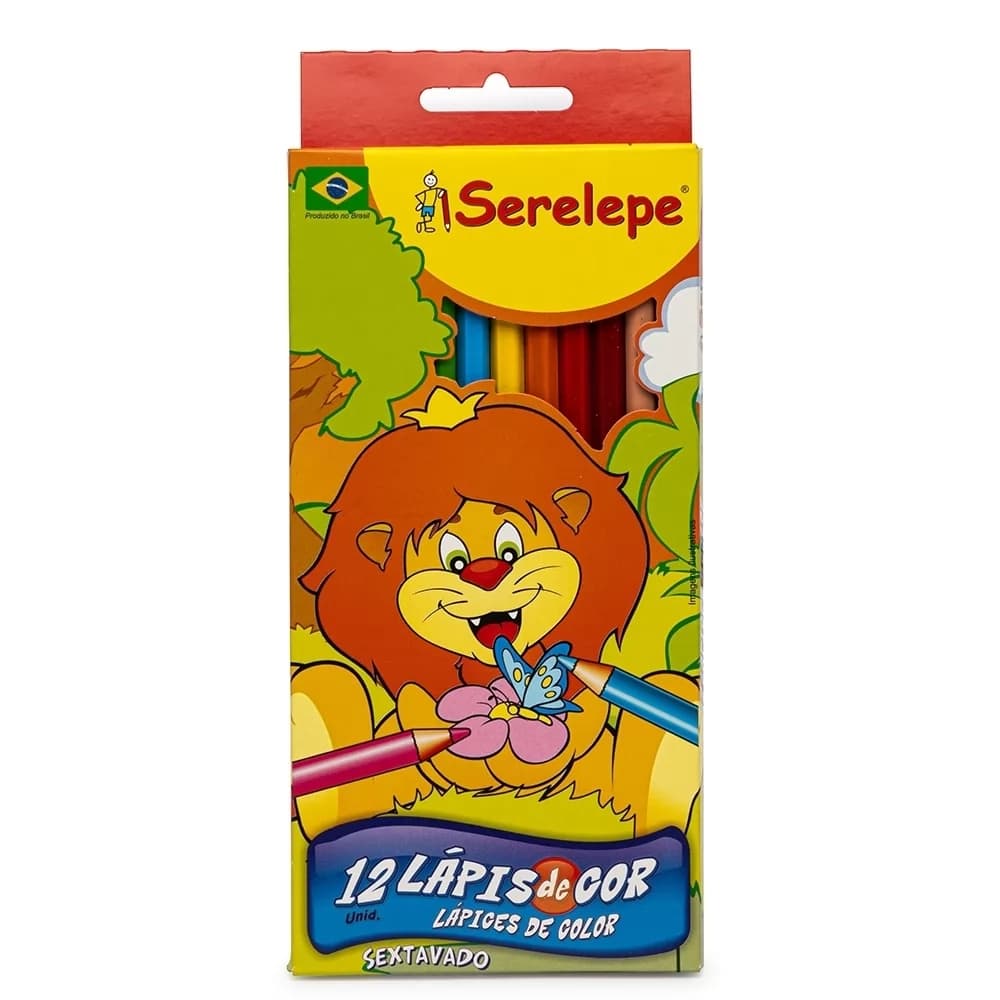 Caixa de lápis de cor sextavado 12 cores com embalagem de papelão colorida e estampa infantil de leão
