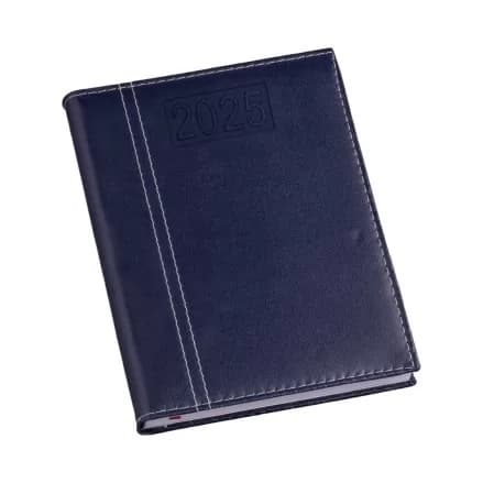 Agenda diária 2025 em couro sintético azul com costuras aparentes e ano gravado na capa